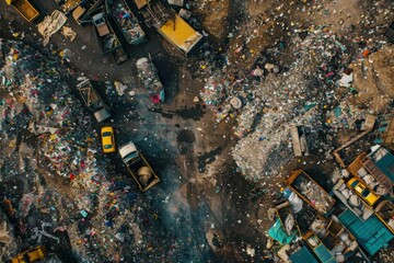 From above, the expansive landfill reveals a chaotic mix of garbage and waste materials, with several trucks maneuvering through the debris under a clear sky.