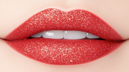 Obraz premium Glistening red lips adorned with sparkling glitter, capturing the essence of glamour and shine in an enchanting evening setting