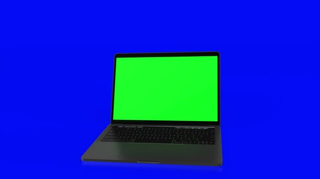 4K Video. Laptop (Notebook) Turning On With green Screen On A blue Background.