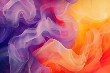 Swirling patterns of smoke-like material blend vibrant purple, orange, and yellow colors, creating a captivating abstract design that evokes a sense of movement and depth