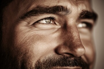 Close-up of a man's eyes and facial expressions with intense gaze