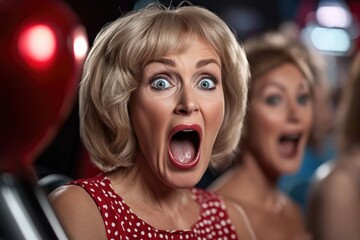 Surprised woman with open mouth wearing polka dot dress at amusement park