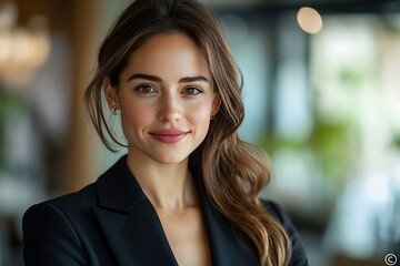 Confident Woman with Long Hair in Office with Natural Light