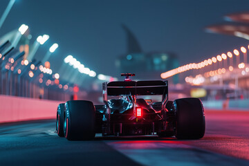 Sleek Formula 1 race car speeding on the illuminated Qatar circuit at night, showcasing high-performance engineering and thrilling motorsport atmosphere under bright lights.