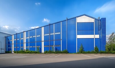 Obraz premium A large blue warehouse exterior with white accents, surrounded by greenery under the bright sun on an empty parking lot