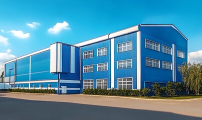 Obraz premium A large blue warehouse exterior with white accents, surrounded by greenery under the bright sun on an empty parking lot
