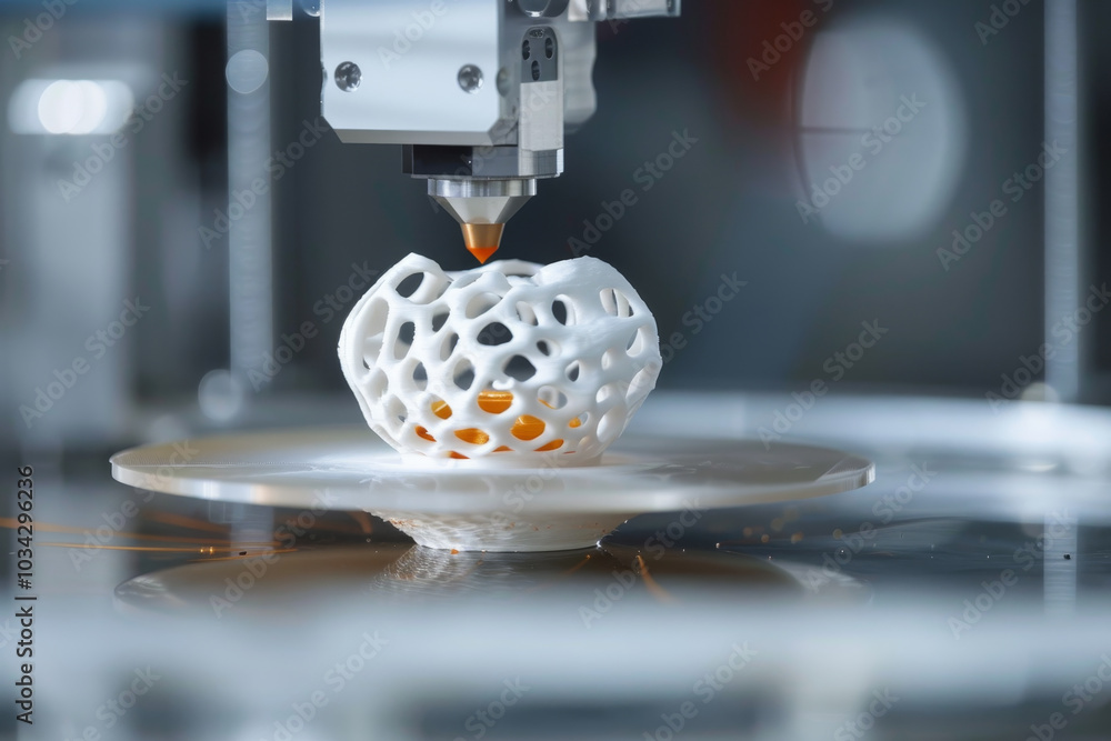 Poster a 3d printer is constructing a detailed white lattice object, showcasing advanced technology and pre