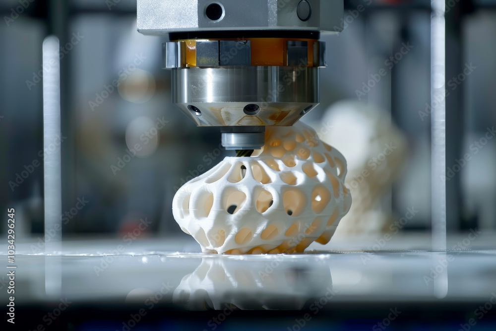 Poster a 3d printer is actively building a complex structure in a contemporary workshop, showcasing its pre
