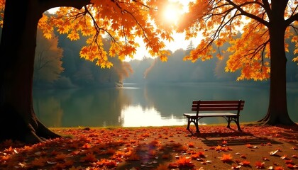 autumn park featuring a lake surrounded by trees with bright yellow and orange leaves, soft sunlight illuminating the scene, a wooden bench by the water's edge, fallen leaves carpeting the ground,