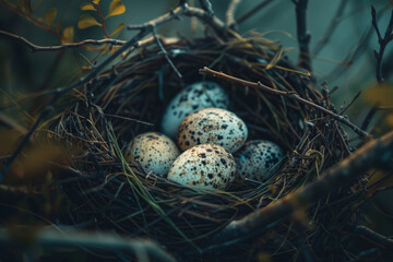 Obraz premium A cozy nest made of twigs and grass contains several speckled eggs, surrounded by delicate leaves, illuminated by soft morning light in a serene outdoor environment