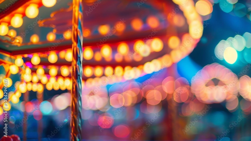 Poster a playful and abstract take on a fairground with colorful lights and a blurred merrygoround spinning