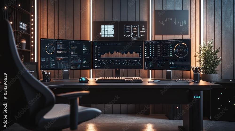 Poster modern trading desk with multiple screens and graphs for financial analysis
