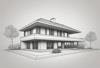 A black and white illustration of a house with trees behind it