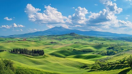 Obraz premium Rolling green hills and a mountain in the distance under a blue sky with white clouds.