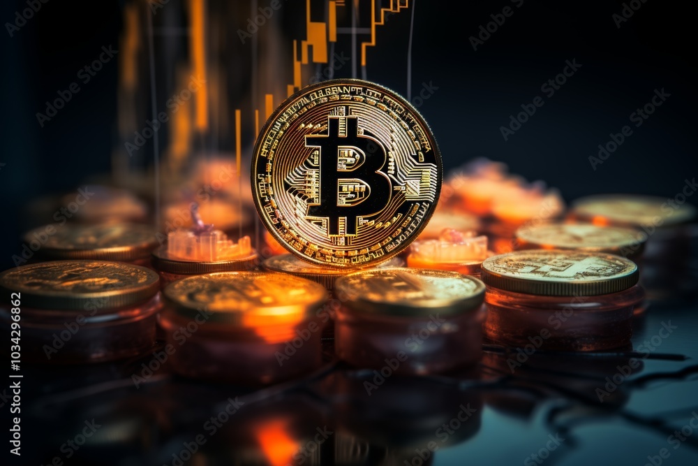Aufkleber the focus is on a bitcoin coin in the foreground, illuminated against a backdrop of additional coins