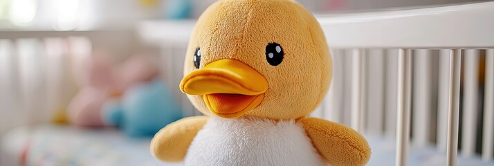 duck plushie in baby crib in baby's room, adorable and cute stuffed animal