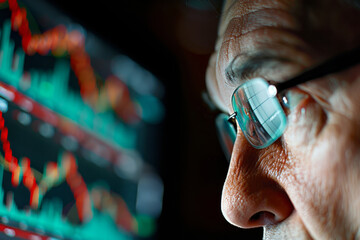 A financial expert closely observes complex stock market graphs and data on a computer screen, deep in thought during a busy trading day