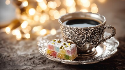 Cup of coffee and turkish delight with festive bokeh background