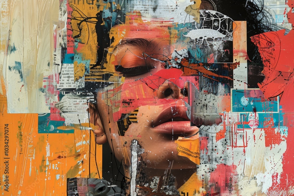Poster a striking artistic portrait combines a human face with a collage of vivid colors and abstract desig