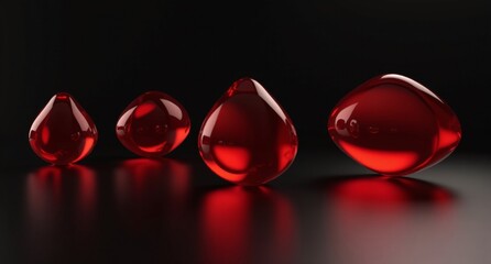 A few crimson translucent mirror ellipsoids dazzle with their smooth surfaces, beautifully rendered in high definition against a stark black background.