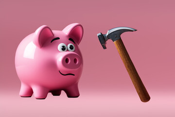 A humorous piggy bank looking at a hammer with a worried expression