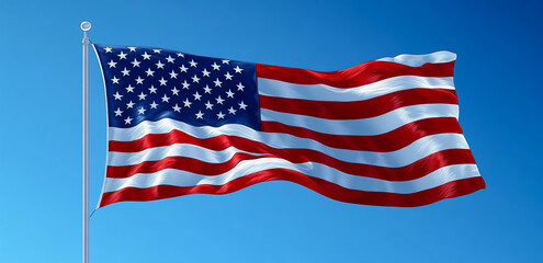 Obraz premium American flag waving proudly against a clear sky. The American flag flutters in the wind, showcasing its red, white, and blue colors against a bright blue sky.