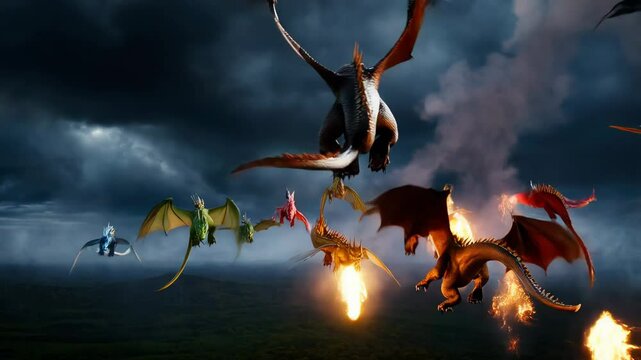 Colorful dragons fly through stormy sky above mountains, exuding power and magic in an epic scene of adventure and danger