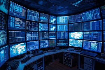 Obraz premium A state-of-the-art control room features an array of monitors showing real-time data analytics and graphs, illuminated in blue light for nighttime operations.