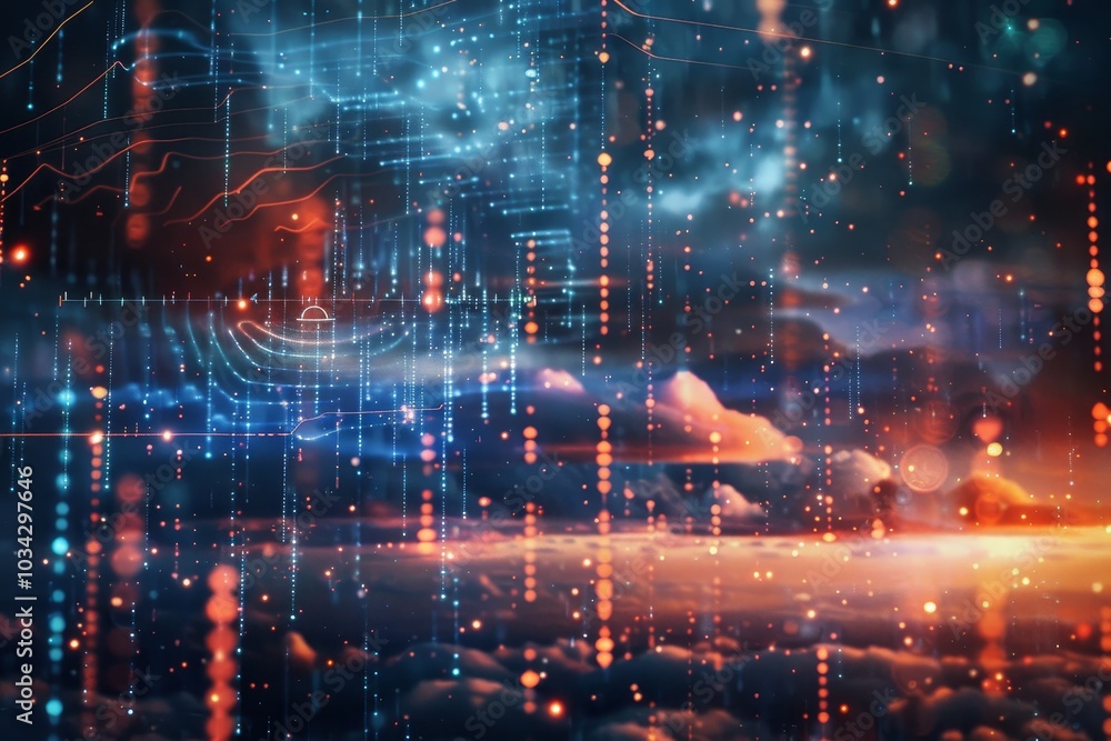 Poster a vibrant display of digital data streams intertwines with luminous clouds at twilight, reflecting t