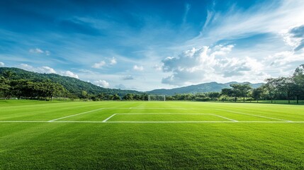 serene soccer field with lush green grass, white boundary lines, and a bright blue sky with distant hills