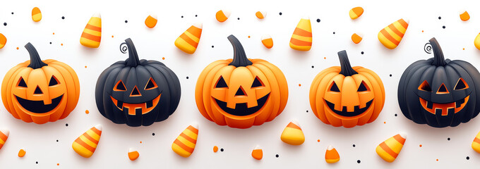 Halloween pumpkins and candy on white. Vibrant pumpkins of various colors and expressions sit alongside candy corn on a bright white surface, celebrating Halloween festivities.