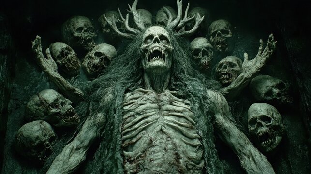 Sinister Skeletal Creature Controlling Disturbing Bone Puppets in Hellraiser Inspired Dark Fantasy Halloween Ritual