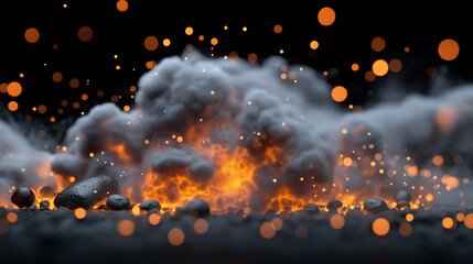 Fiery embers glow beneath a plume of smoke, with sparks flying.