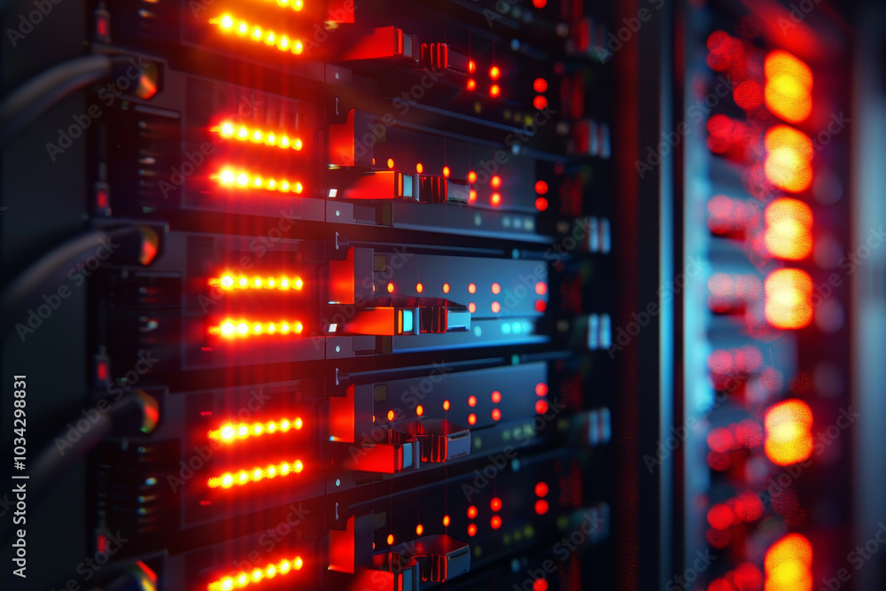 Poster rows of server racks glow with red and blue lights in a data center, showcasing the technology behin
