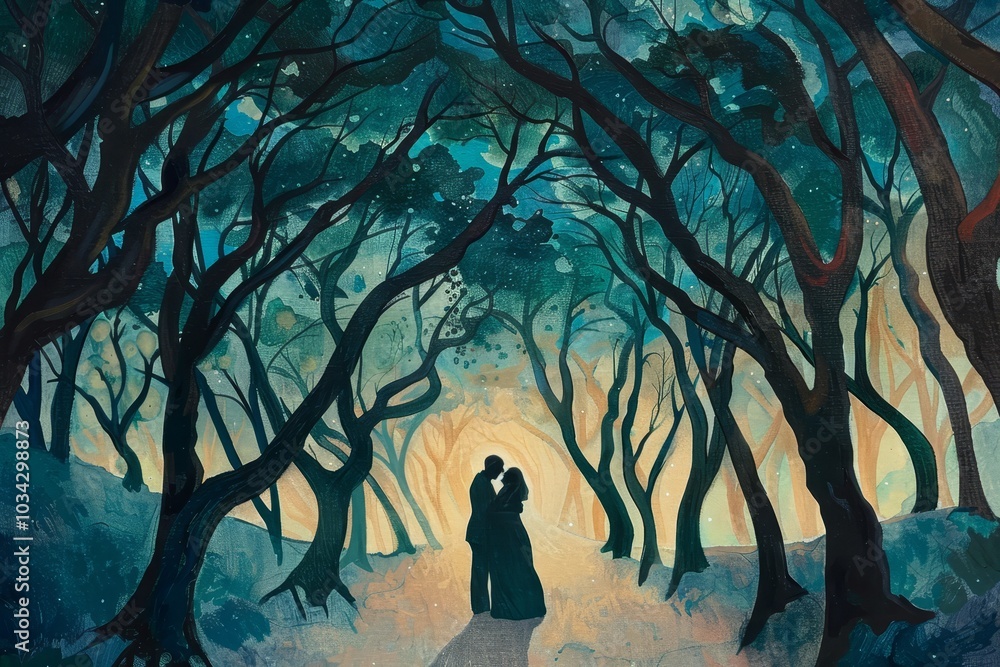 Poster a couple stands together in a tranquil forest, embracing while soft light filters through the trees 