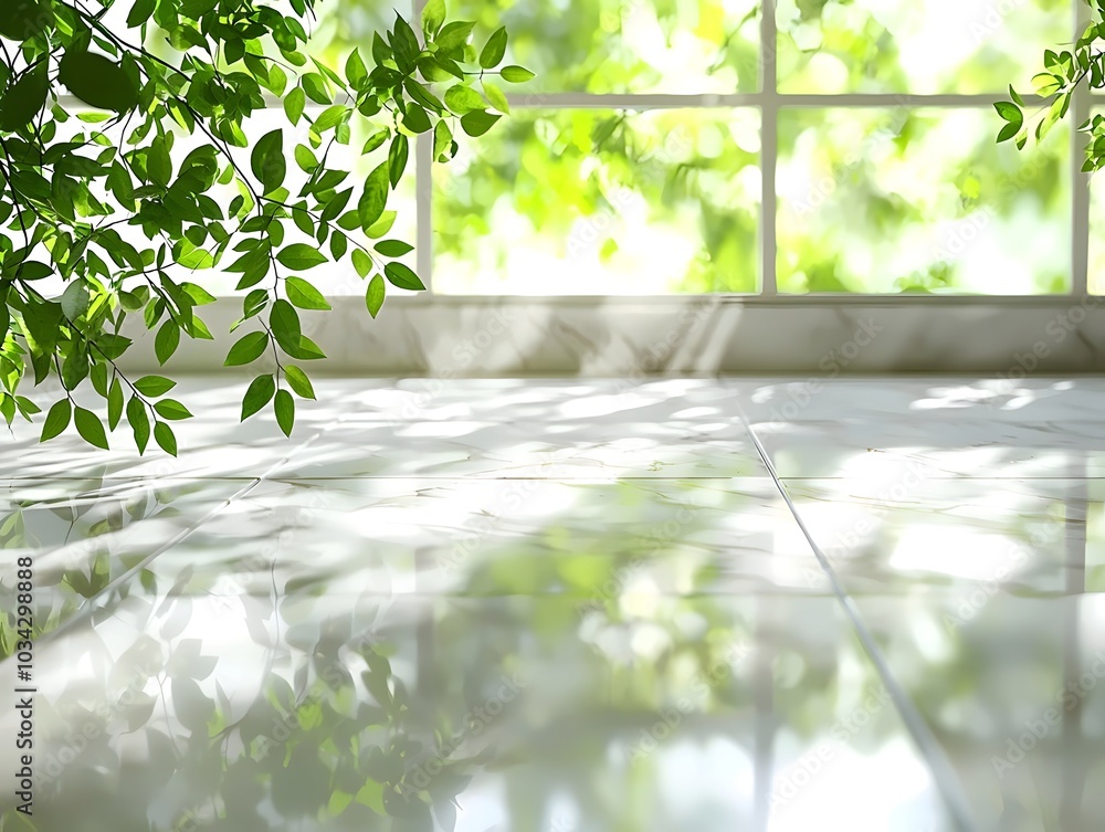 Poster sunlight streams through a window, casting dappled shadows on a white tiled floor.