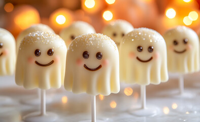 Fototapeta premium Halloween ghost cake pops. Adorable ghost-shaped cake pops with smiles and sparkles, arranged on a festive table for Halloween festivities and treats.