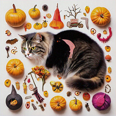 cat with Halloween decorations,created with Generative AI technology