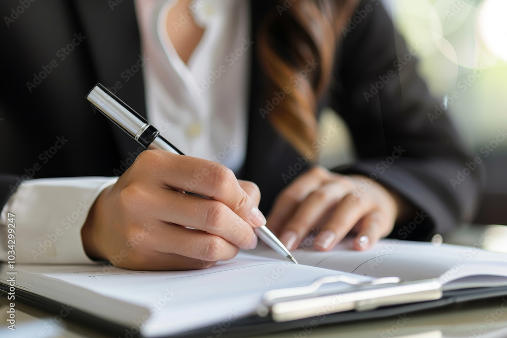 Poster a person dressed in professional attire takes notes with a pen in a notebook while seated at an offi