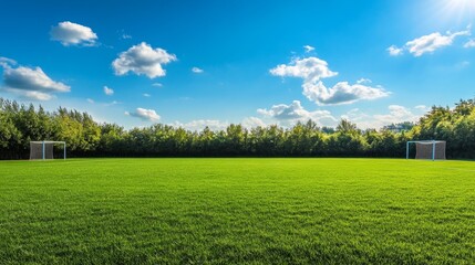 Obraz premium soccer field with lush, green grass, goalposts at either end, and a bright blue sky with a few clouds