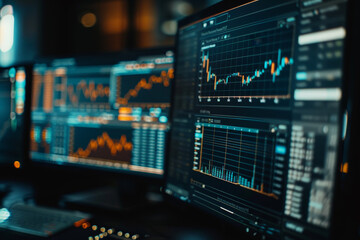 Traders closely monitor stock market fluctuations displayed on multiple screens, with graphs and data visualizations illuminated in a darkened room, indicating active analysis