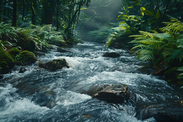 A tranquil stream winds through a dense forest, surrounded by vibrant green ferns and glowing softly in the morning light, creating a serene atmosphere in nature
