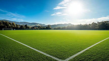 Obraz premium soccer field with lush green grass, white markings, and a bright, sunny day with distant hills in the background