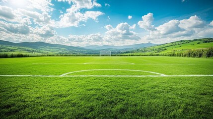 soccer field with lush green grass, white markings, and a bright, sunny day with distant hills in the background