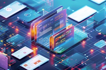 A collection of glowing digital screens illustrates coding concepts and app interfaces, reflecting a modern workspace filled with innovative technology and design elements.