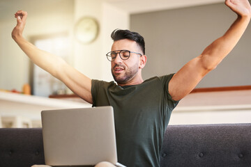 Man, stretching and laptop for remote work at house with complete project, deadline and copywriting...