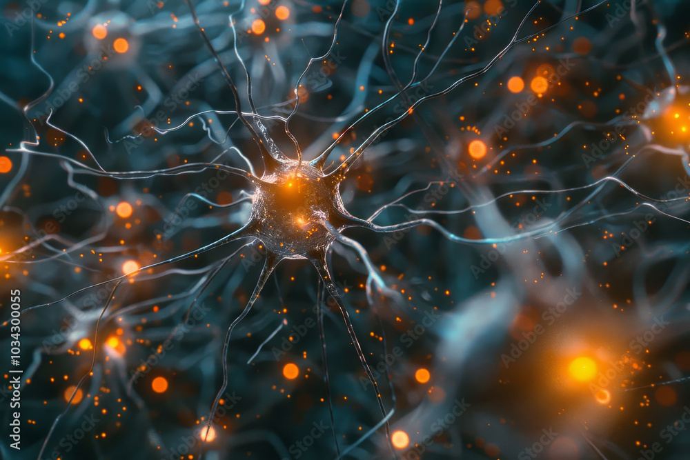 Poster a captivating view of neurons displaying intricate connections, with vibrant glowing synapses highli