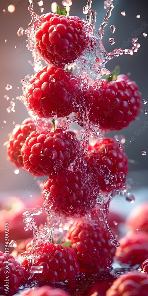 Poster a close-up of red raspberries suspended in mid-air, surrounded by a burst of water droplets. the vib