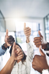 Business team, hands and thumbs up in office for success, achievement and collaboration with support. Employees, trust and approval gesture in workplace for thank you, vote and company agreement