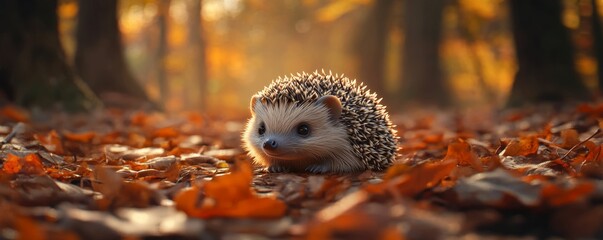 Obraz premium A hedgehog in autumn leaves in a forest.